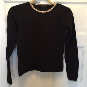 Burberry Black Long Sleeve Tee with Plaid Trim
